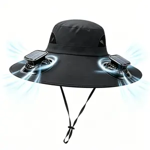 Unisex Solar Fan Hat with Dual Cooling Fans, USB Rechargeable Summer Wide Brim Waterproof Fishing Safari Cap, Outdoor Camping Hiking Bucket Hat, UPF 50+ UV Protection Breathable Sunshade Hat, Adjustable Sun Hat, Lightweight Outdoor Gear