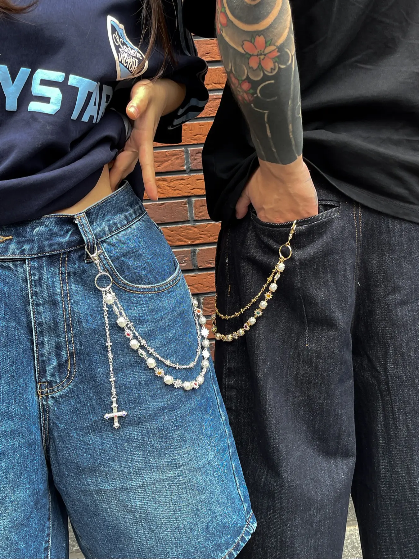 Punk Style Couple Pants Chain, Rhinestone Cross Design, Creative Colorful Imitation Pearl Waist Accessory, Street Fashion Jewelry, Waistbeads
