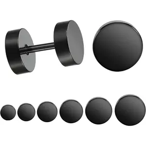 Black Stud Earrings Men Women Faux Gauges Ear Tunnel Stainless Steel Earrings 6 Pairs 5mm-10mm