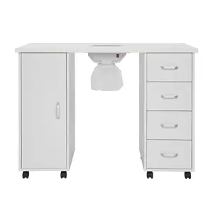 White Professional Nail Table Makeup Vanity - 8 Wheels, 4 Removable Drawers, Easy Clean MDF Single Door, Eco-Friendly Bright Large Vanity Makeup Commercial Office Furniture