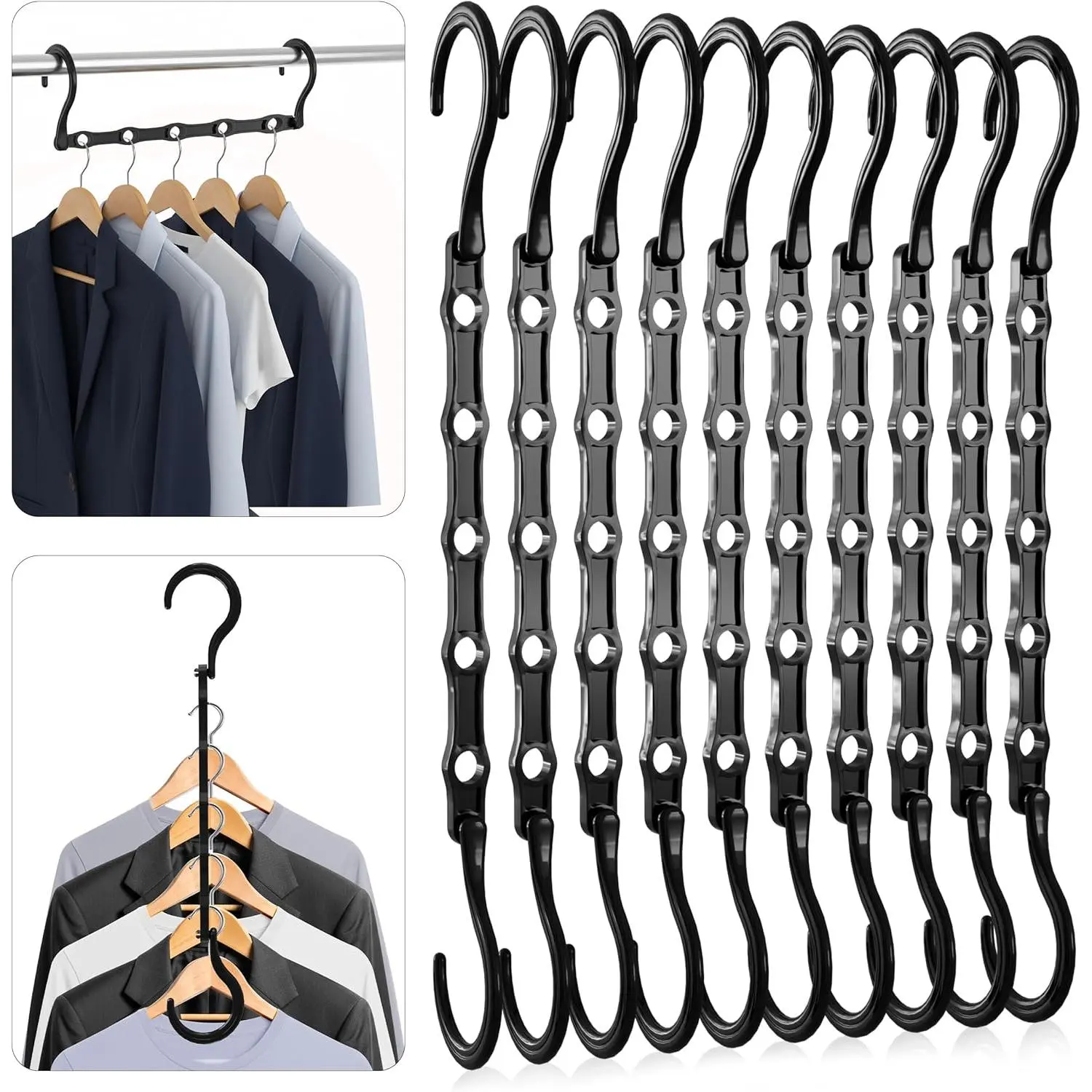 Space Saving Hangers for Clothes (Pack of 10) - Storage Saving Hanger for Dorm - Magic Hanger Clothing Organizer for Closet - Durable ABS Plastic Collapsible Hangers for Clothes (Black)
