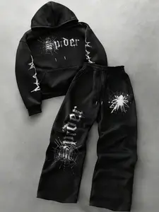 Men's Spider Web Print Hoodie Set, Outfit, Hooded Sweatshirt & Wide Leg Pants, Loose Fit, Casual High Street Style, Fall & Winter