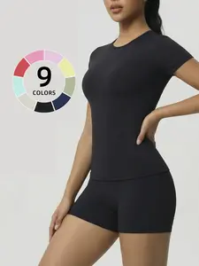 Two-Piece Solid Color Sports Fitness Set, Slim Fit Round Neck Short Sleeve Top and Shorts, Comfortable Workout for Men and Women