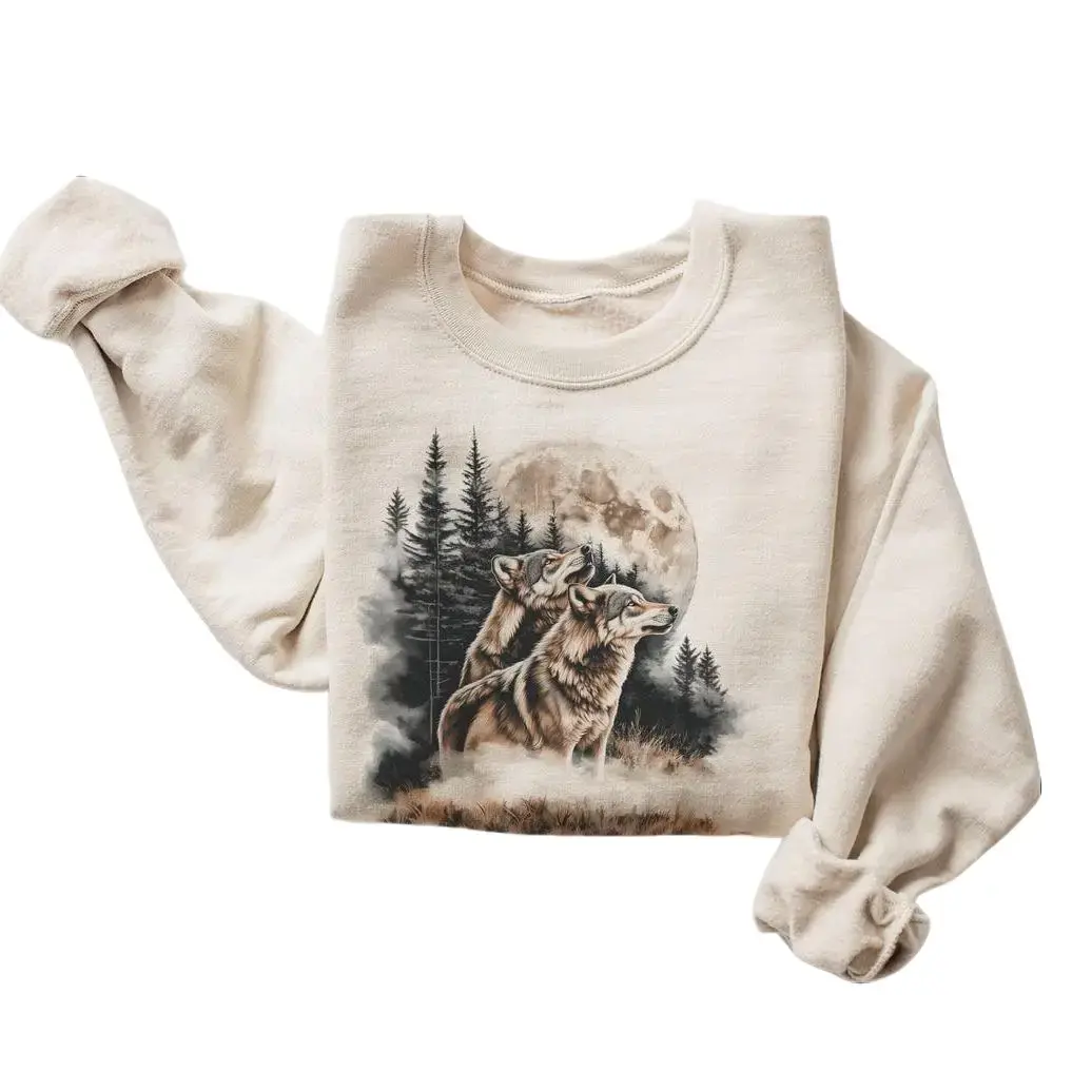 Women's Retro Wolves Howling At The Moon Hoodie - 90s Wolf Foggy Forest Wilderness, Boho Unisex Cotton Casual Top Garment, Comfortable Sweatshirt