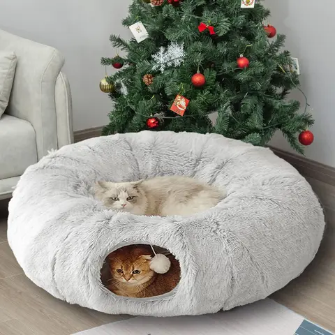 2-in-1 Lycra Fabric Donut Shaped Pet Bed Tunnel - Removable Cover, Detachable Washable Mattress, Toy, Soft Warmth, Encourages Physical Activity for Small-Medium Cats & Dogs (Shaped Beds for Pet Furniture), Play & Rest