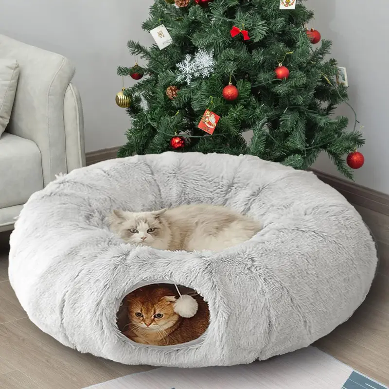 2-in-1 Lycra Fabric Donut Shaped Pet Bed Tunnel - Removable Cover, Detachable Washable Mattress, Toy, Soft Warmth, Encourages Physical Activity for Small-Medium Cats & Dogs (Shaped Beds for Pet Furniture), Play & Rest