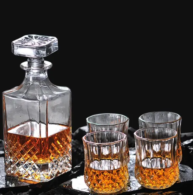 5PCS Whiskey Decanter Set | Glass Bottle & Tumbler Glasses Set