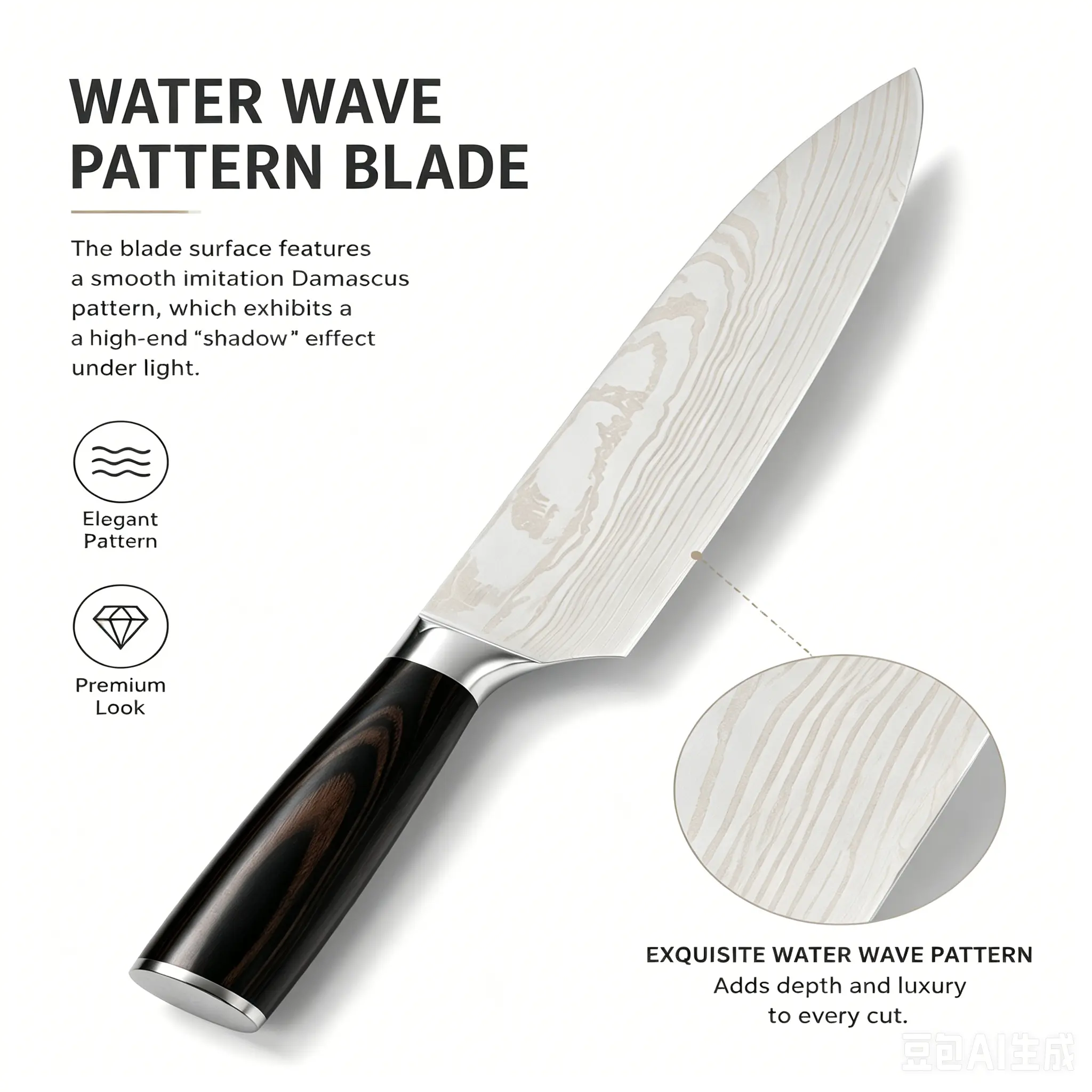 Professional Stainless Steel Chef Knife - Razor-Sharpened Elegant Damascus Ripple Pattern Blade, Ergonomic Wooden Handle, Durable, Aesthetic Look, for Home Cooking Cutting, Meal Prep, Beginner Chefs Camp Kitchen Cutlery, Stainless Steel Knives, Elegant Pa