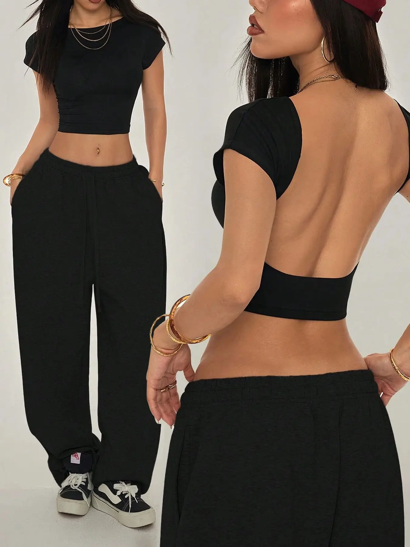 Women's Boat Neck Open Back Crop T-Shirt, Basic Solid Color Slim Fit Short Sleeve Summer Top, Y2K Streetwear, Suitable for Daily Wear, Casual Party & Going Out