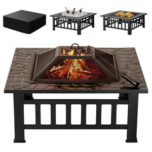 32 Inch Outdoor Fire Pit Table, Wood Burning Firepit Stove with Lid for Camping&BBQ, Garden, Backyard,Outside Patio Camping (Black) winter Camping gear