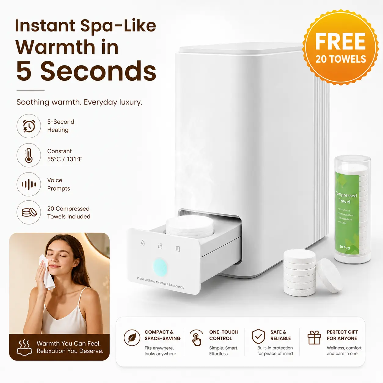 CRILEAL Minimalist Modern Vanity Smart Hot Face Towel Warmer Machine - 5-Second Fast Heating, 55°C Eco-Friendly Heating System, Auto Dispensing Design, Includes 20 Compressed Towels - Ideal Valentine's Day/New Year Gifts for Him