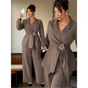Plus Size Women Metal Decor Business Suit Set, Elegant For Commuting, Autumn