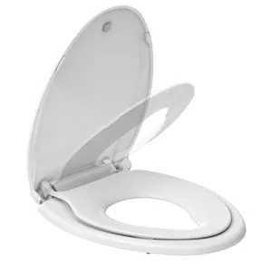 Commercial Elongated Toilet Seat with Built-In Potty Training, 19", Soft Quiet-Close Lid, Magnetic Non-Slip, Easy Install & Clean, White/Biscuit – For Public Restrooms