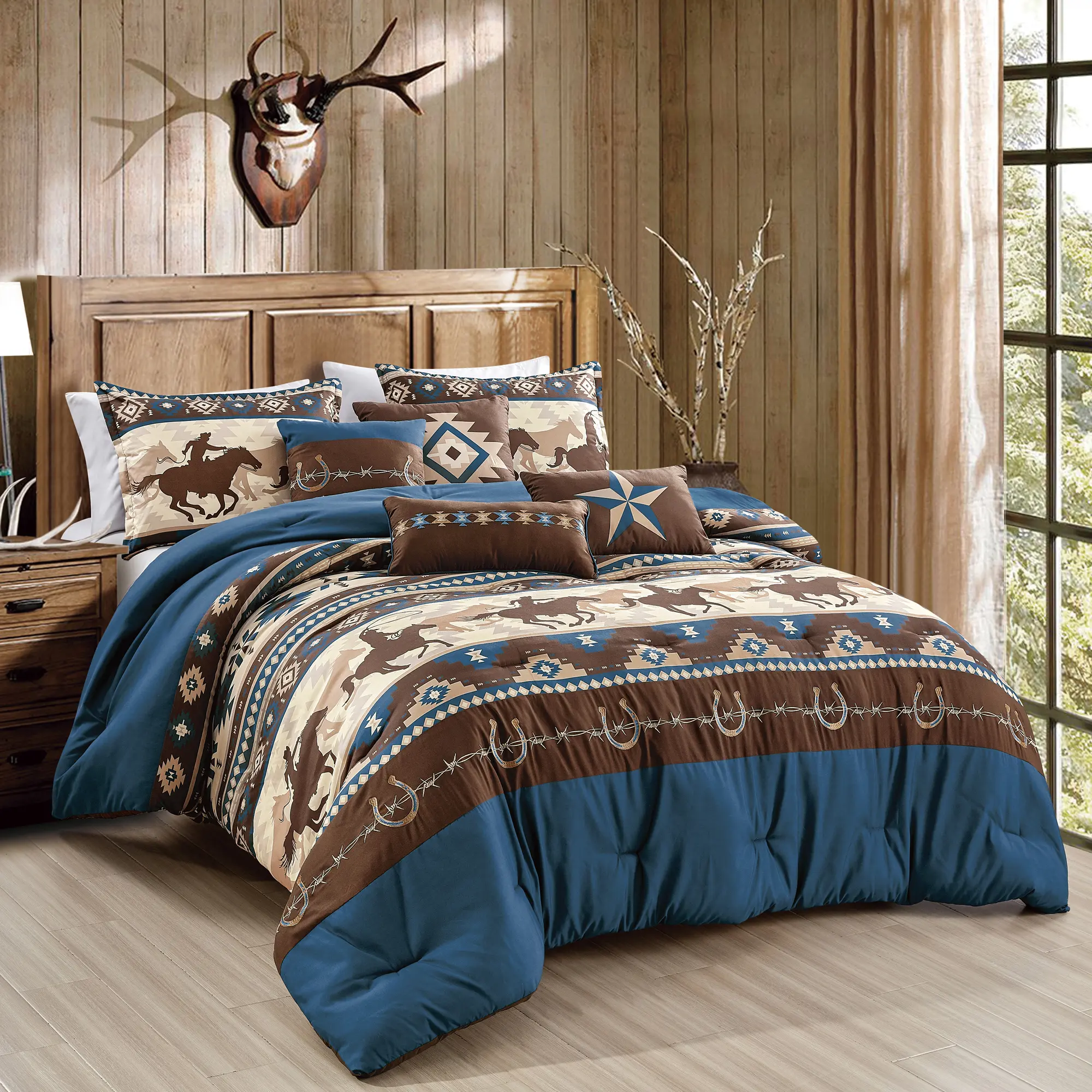 Western Cowboy 7-Piece Comforter Set – Rustic Rodeo Bedding with Star & Horse Print – Queen/King Size Western Cowboy 7-Piece Comforter Set – Rustic Rodeo Bedding with Star & Horse Print – Queen/King Size