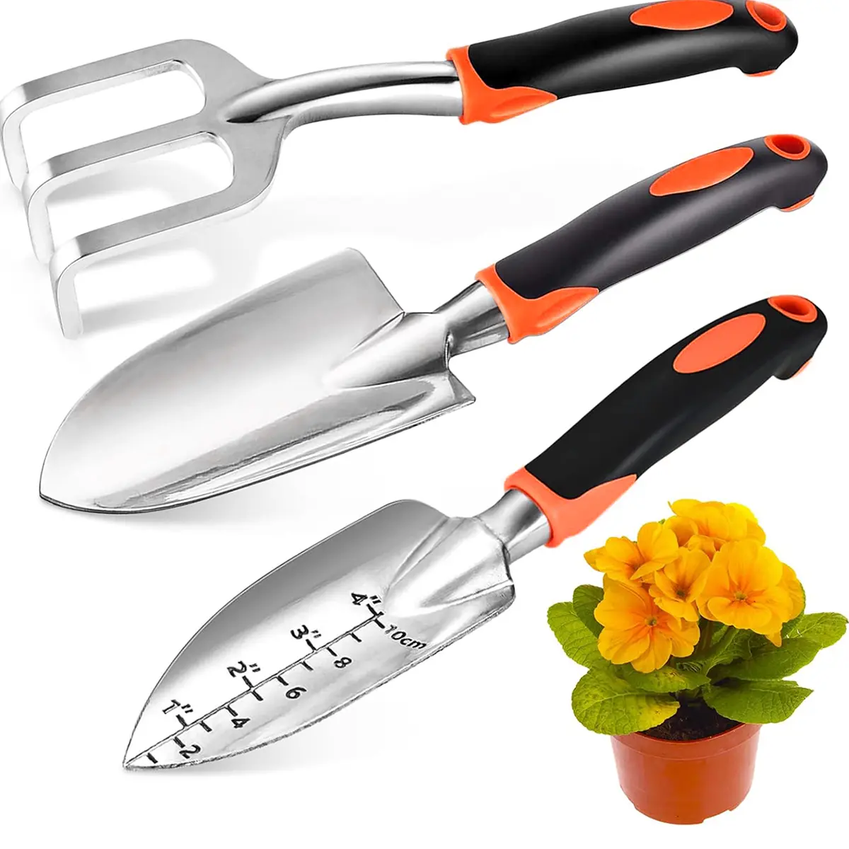 3-Pack Heavy Duty Multi-Use Garden Tool Kits - Rust Resistant Aluminum Alloy Shovel, Transplant Trowel, Hand Rake with Ergonomic Handle, Graduated Scale, Hanging Hole for Planting, Weeding, Reduces Hand Fatigue, Easy to Carry & Store, Trowel, Rake, Shovel