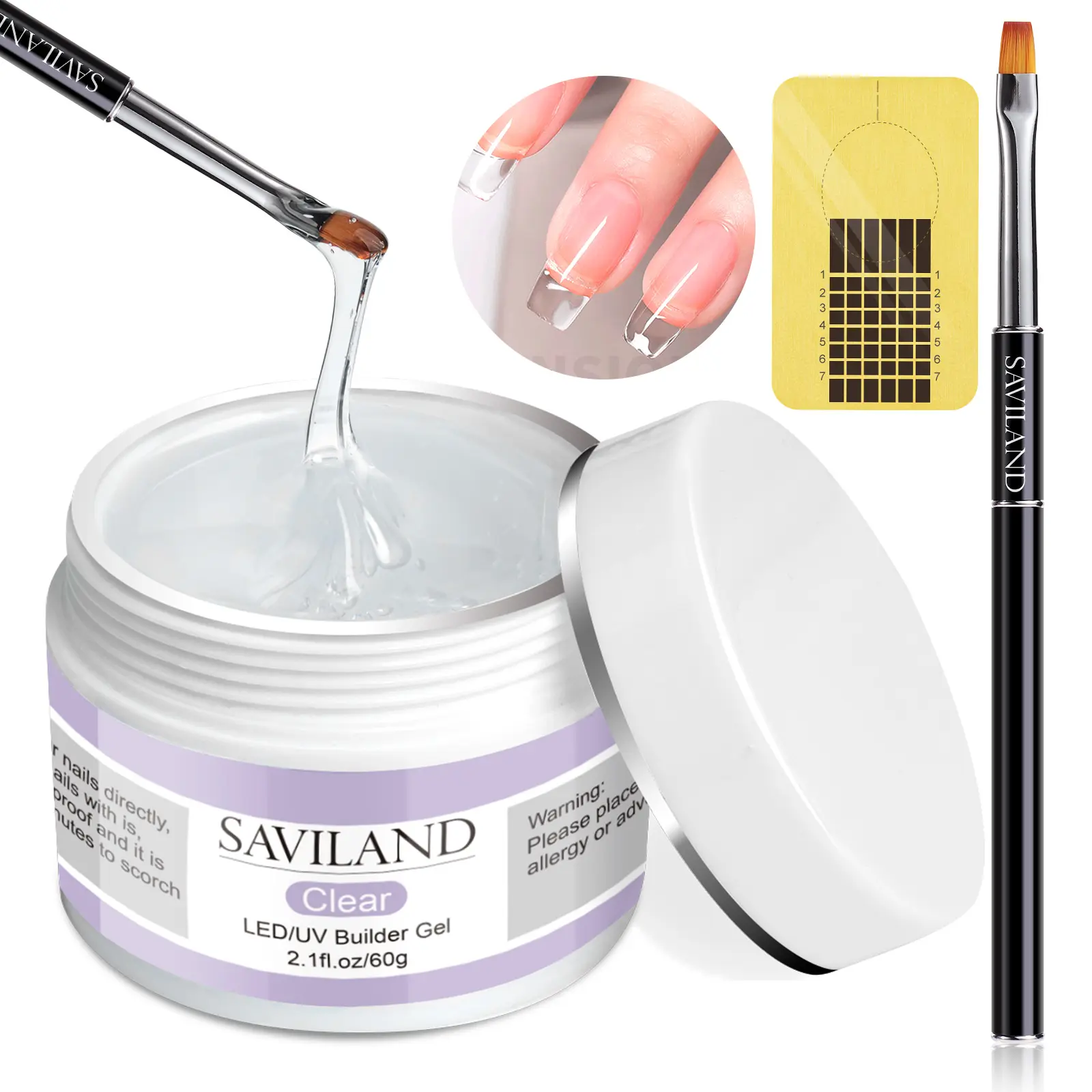 SAVILAND Builder Nail Gel Kit – 60g Clear Extension Gel with 100 Nail Forms & Brush for Strengthening and Manicure, Perfect for Beginners