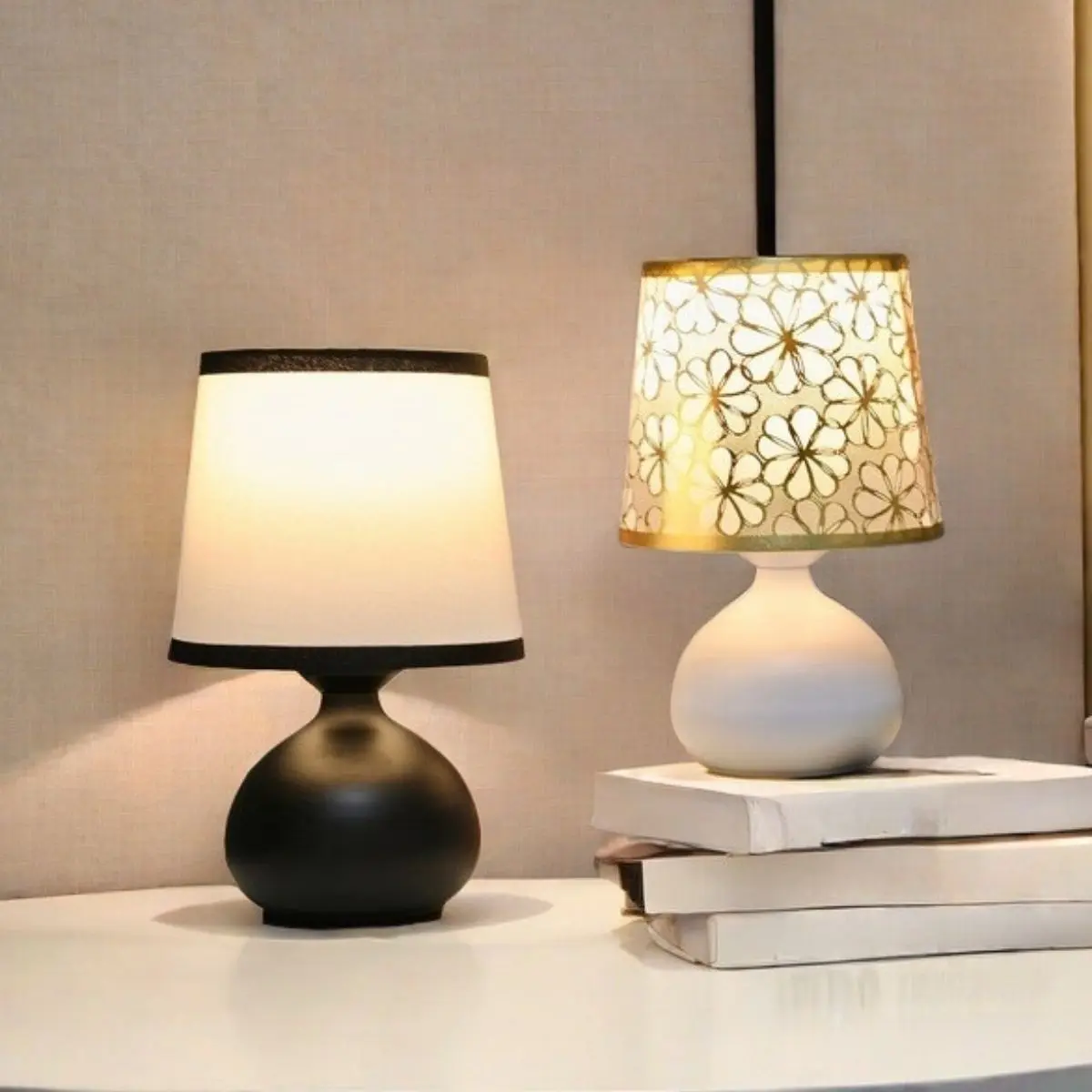 Modern Geometric LED Desk Lamp with Warm Light Adjustable Brightness USB Powered Metal Base Fabric Shade Modern Night Lights Decorative Lamp for Bedroom Office Living Room Decor Home Decor Lighting Home Decoration Lamp Gift