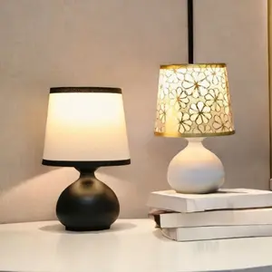 Modern Geometric LED Desk Lamp with Warm Light Adjustable Brightness USB Powered Metal Base Fabric Shade Modern Night Lights for Bedroom Office Living Room Decor Home Decoration Lamp Gift