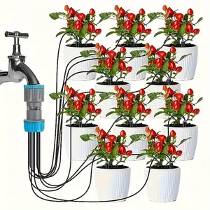 Drip Irrigation Kit, Easy-Install Self-Watering System with 10 Adjustable Emitters, for Potted Plants Small Gardens & Raised Beds, Includes 3/4" Adapte