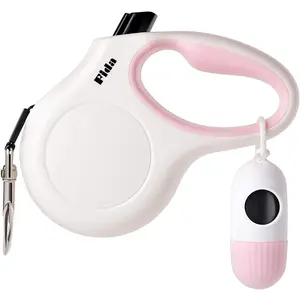 Retractable Dog Leash with Dispenser and Poop Bags, 10 Ft Pet Walking Leash for X-Small Dog or Cat up to 18 Lbs, Anti-Slip Handle, Tangle Free, Reflective Nylon Tape (XS, White)