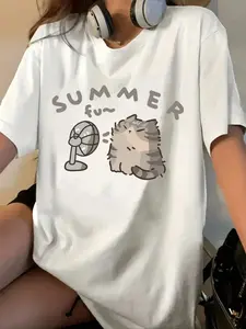 Women's Cartoon Cat & Letter Print  Shoulder Tee, Casual Style Tee, Casual  Round Neck T-shirt for Daily Wear, Ladies Clothes for All Seasons, Summer Clothing, Womenswear