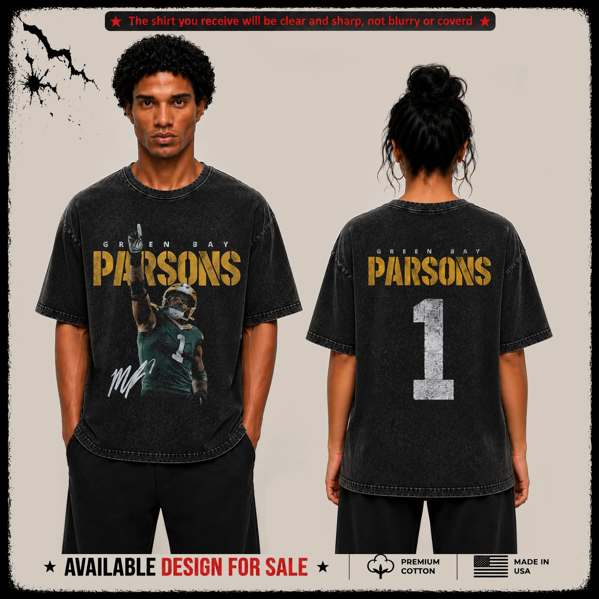 [X-26] Micah Parson 1 Celly Graphic Premium Acid Washed T-Shirt, Packers Football Fans Fits High Quality 100% Cotton Shirt, Packers Nation, Cheeseheads Outfit, Gift for Football Fans, Boyfriend