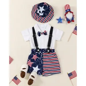 Baby Boy Patriotic Suspender Outfit 4th of July Shirt & Shorts Set with Hat & Bow Tie (6M-3Y) Ready Stock 22503092 Mystery