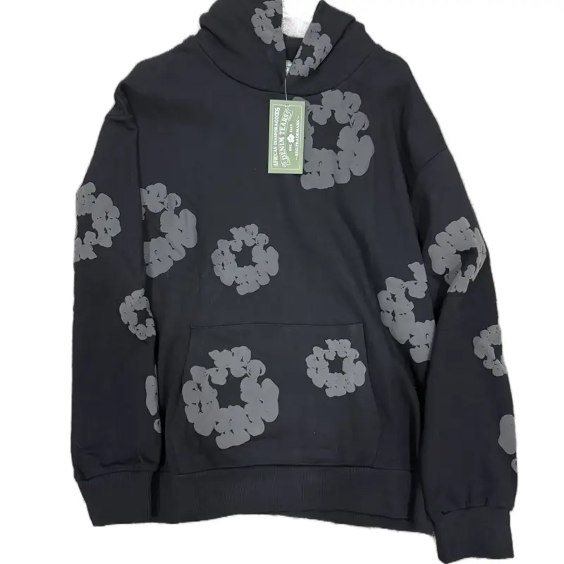 DT Hoodies 1:1 Quality Black Sweatshirt with Puffed White Floral Patterns and Tag Detailing Sweatshirts