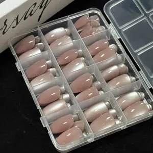 144Pcs Nude Pink Glitter Cat Eye Fase Nails Short Oval Jelly Cat's Eye Full Cover Press On Nails for Women Wearable False Nails
