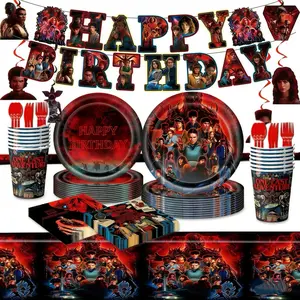 2026 Stranger Things Theme Birthday Party Supplies Set, 96 Pieces Including Plates, Napkins, Cups, Straws, Cutlery, Decorations, Tablecloth, Banner