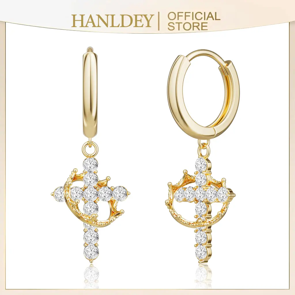 Crown Cross Earrings for Women 14K Gold Plated Diamond Drop Dangle Cross Hoop Earrings Small Huggie Hoops Faith Cross Jewelry Gifts for Women Men