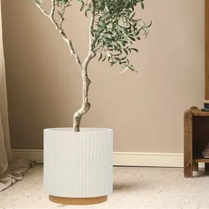 1PCS 8.9 Inch, Spraydots in Ivory/Grey Vertical StripesPlastic Floor Planter Pot, Home Decor Pots, Rubber Tree & Olive Tree Container, Indoor Outdoor Decorative Planters for Home Garden Use