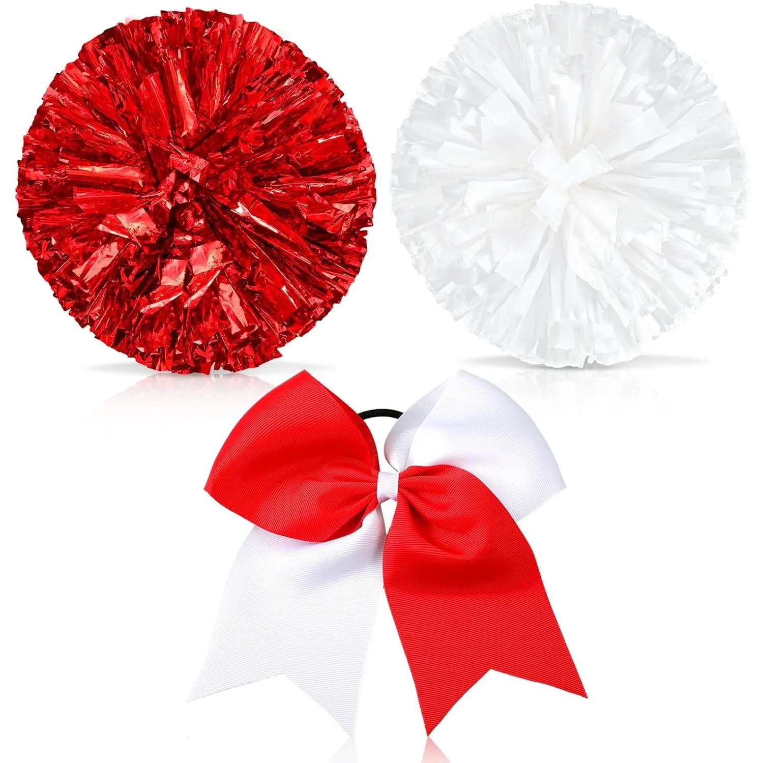 Set of 3 12 Inch Cheerleading Pom Poms and Large Cheerleader Ponytail Bow Holder Large Metallic Cheerleader Pom Poms for  Team Cheering(Red and White)
