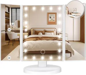 Makeup Mirror Vanity Mirror with Lights, Bathroom Adjustable Brightness Mirrors 1X/2X/3X/10X Magnification and Touch Screen Trifold Makeup Mirror Two Power Supply Modes Women Gift White