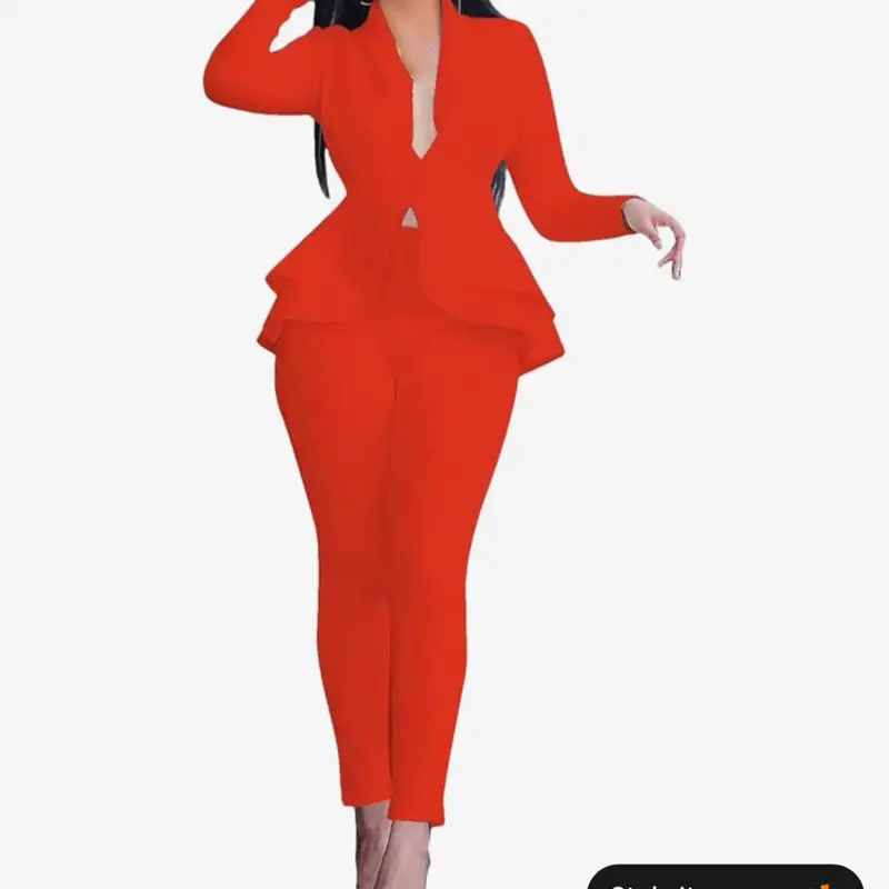 Women's 2-Piece Full-Sleeve Ruffled Blazer and Pencil Pants Set, Lady's Office Uniform Outfit