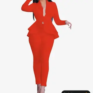 Women's 2-Piece Full-Sleeve Ruffled Blazer and Pencil Pants Set, Lady's Office Uniform Outfit