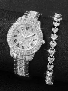 Women's Quartz Watch & Heart Decor Bracelet Set Gift for Gift, Sparkly Luxury New Trendy Rhinestone Decorated Round Dial Wristwatch Set for Women's Gift, without Box, Fall Outfits, Fall Freshness, Valentine's Day, Gift