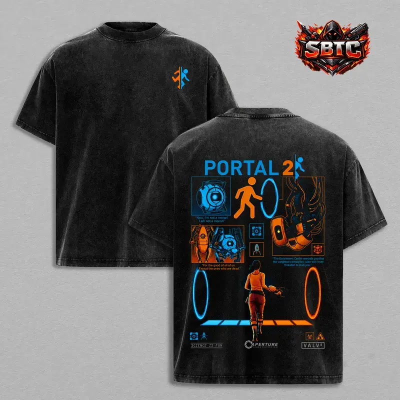 Menswear Portal 2 Washed Classic Round Neck Short-Sleeve Oversized Heavy Cotton T-Shirt, Retro Gaming Graphic Apparel, Valve Game Merchandise, Vintage Streetwear, Sci-Fi Puzzle Gamer Gift, Unisex Seamless Casual Top, Shortsleeve