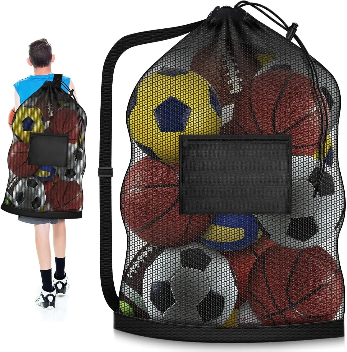 Extra Large Ball Bag, Heavy Duty Nylon Mesh Drawstring Sack with Pocket - Portable Unisex Storage for Rugby, Beach & Gym Equipment, Volleyball, 2-In-1 Mesh Bag, Footballs, Multi-Sport Use