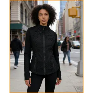 BreezeactiveTerraventureshop Women's 2-Piece Black Polka Dot Activewear Set - Stand-Up Collar Zip Jacket & Leggings for Yoga & Workout