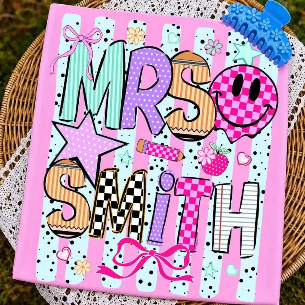 [Custom] Comfort Colors Teacher Name T Shirt, Striped Neon Coquette Bow Graphic Tee, Personalized Teacher T-Shirt, Back to School Teacher Gift