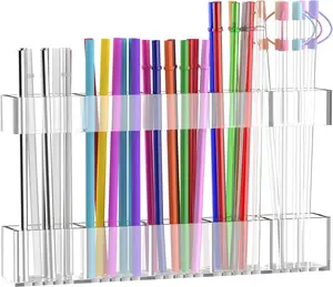 2026 Reusable Straws Organizer Storage Dispenser for Kitchen Counter Cupboard Door, 9.6” Large Acrylic Straw Holder for Cabinet with Double Sided Adhesive Squares and Stickers, (Transparent)