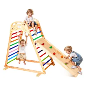 VEVOR Indoor Playground Jungle Gym, 4-in-1 Wooden Indoor Playground Playset with Climbing Rock, Slide, Wooden Ladder & Gym Rings, Montessori Style Playground Climbing Toys for Boys Girls, 220LBS