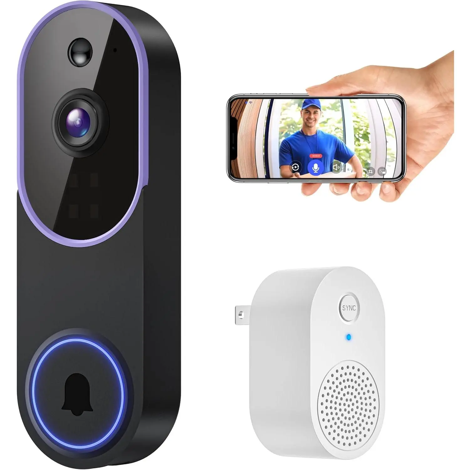 Smart Wireless 2.4GHz WiFi Video Doorbell Camera - AI Human Detection, Night Vision, 2-Way Function, AES-128 Secure Cloud Storage, Battery-Powered Cordless Home Security System with Receiver, Mobile Family Sharing, Included Batteries (Indoor/Outdoor Use),