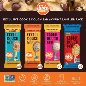 DIBLE DOUGH Cookie Dough Bar Sampler Pack- 8ct Full-Size Bars for Snack & Cookie Dough Cravings