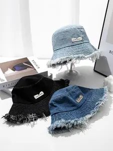 New Korean Style Denim Fisherman Hat, Fringe Design, Fitted Bucket Hat, Wide Brim Sun Protection, Casual All Seasons Wear