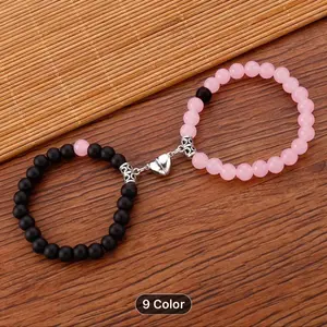 Love Heart Magnetic Beaded Bracelet Set 2 Pcs Stretchable Hand Jewelry For Best Friend / Couples