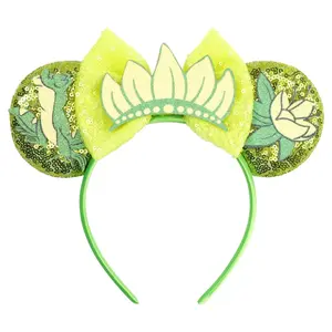 bianbaistar Glitter Green Mouse Ears Headband, Sequined Bow with Lotus & Frog Accents for Theme Parks & Cosplay