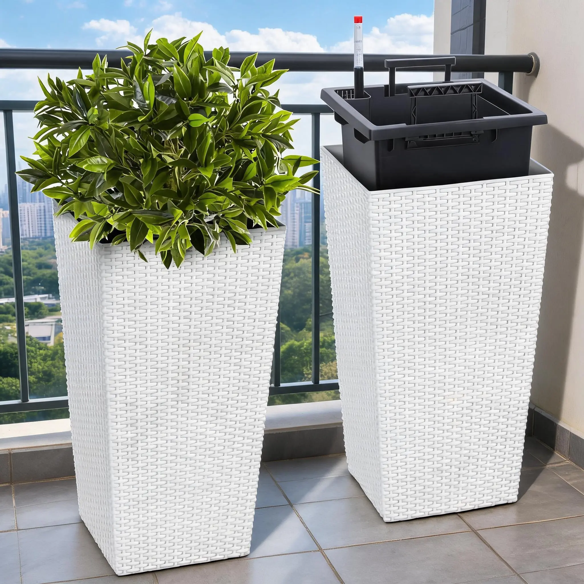 GARVEE Self-Watering Tall Wicker Planter Set - 22.5in & 24in Large Heavy-Duty Plastic Flower Pots with Drainage, Outdoor Planters for Porch, Durable Modern Decor for Patio, Garden, Effortless Plant Care