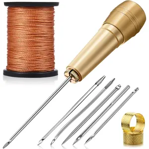 6Pcs Stainless Steel Awl Needle DIY Faux Leather Sewing Kit with Copper Handle for Canvas, Tent, and Shoe Repair - 50 m Nylon Thread and 2 Pc Thimble - Home Improvement.